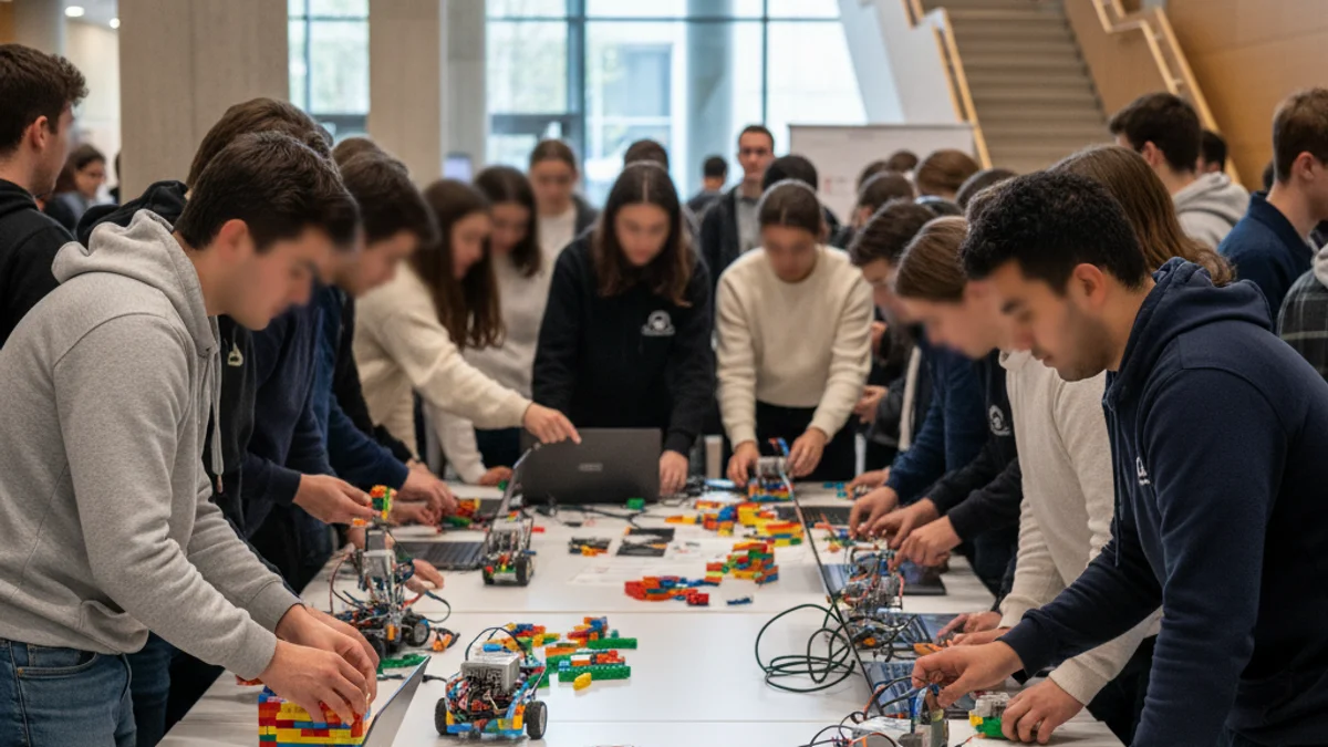 Imatge genèrica de joves estudiants competint amb petits robots programables en un campus universitari.