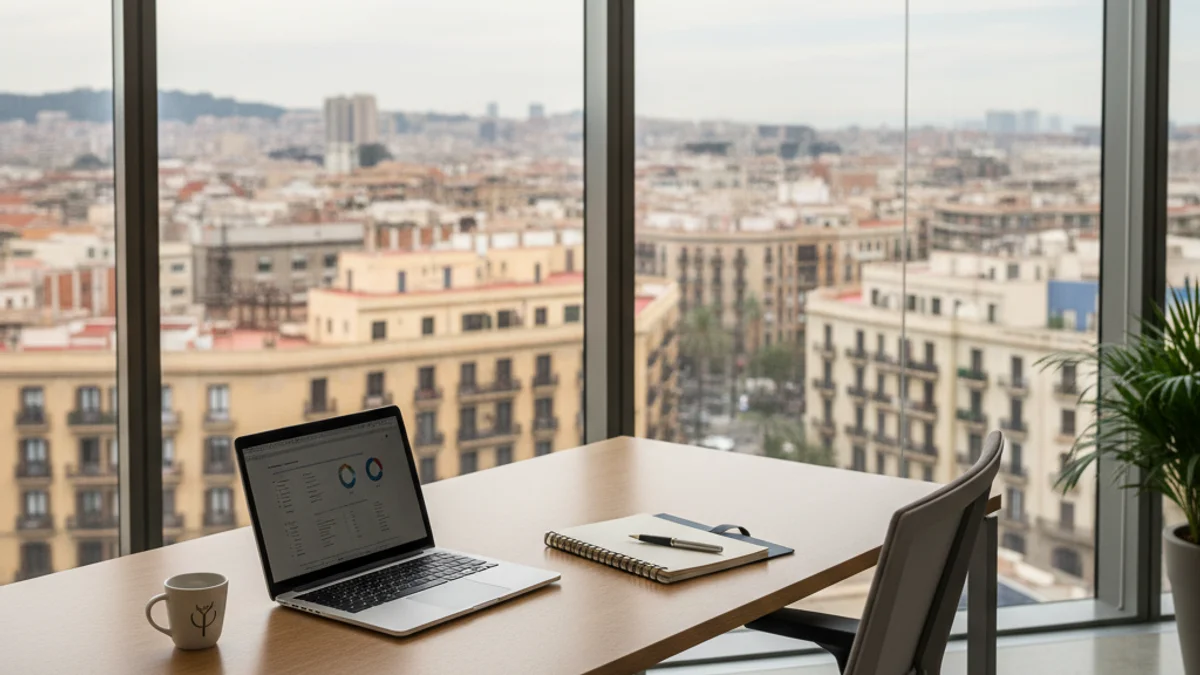 Vista d'un despatx modern amb vistes als edificis de l'Eixample de Barcelona.