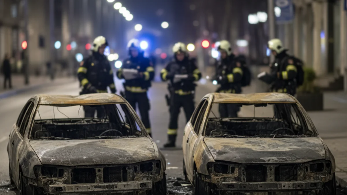 Imatge genèrica d'un carrer de nit amb restes calcinades de vehicles després d'un incendi.