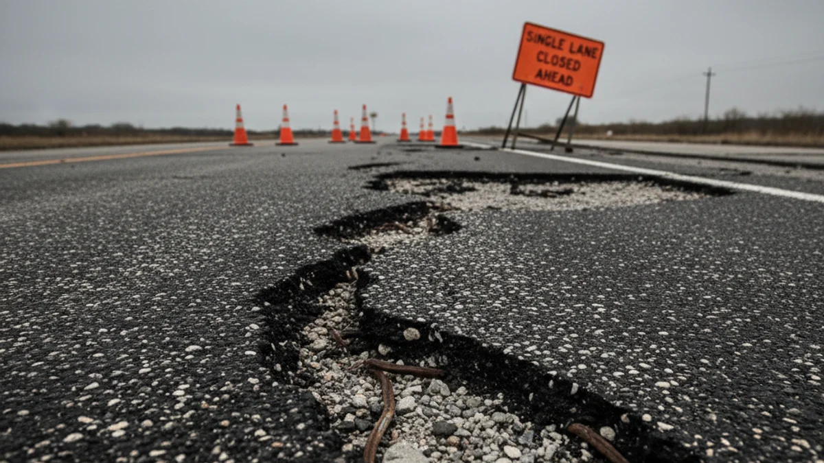 Imagen genérica de una carretera con el pavimento dañado y señalización de obras.