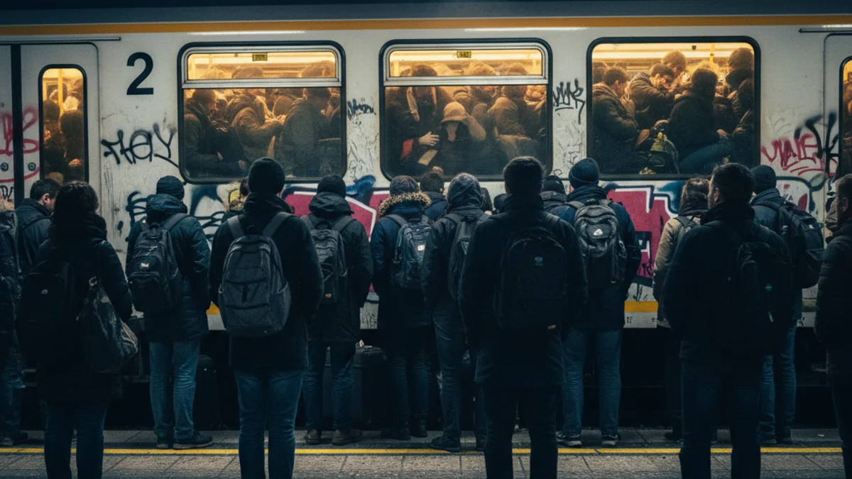 Imatge genèrica de passatgers esperant en una andana de tren amb vagons sobreocupats al fons.
