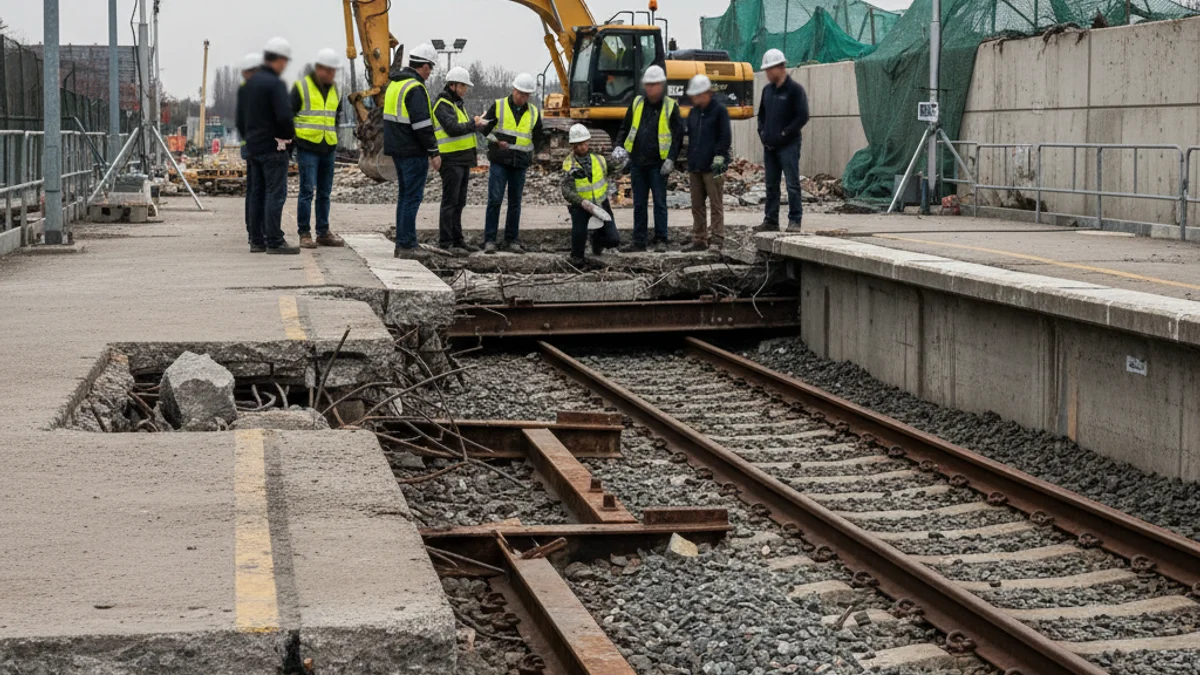 Tècnics inspeccionant una secció de via fèrria danyada per un despreniment de terraplè en una zona d'obres.