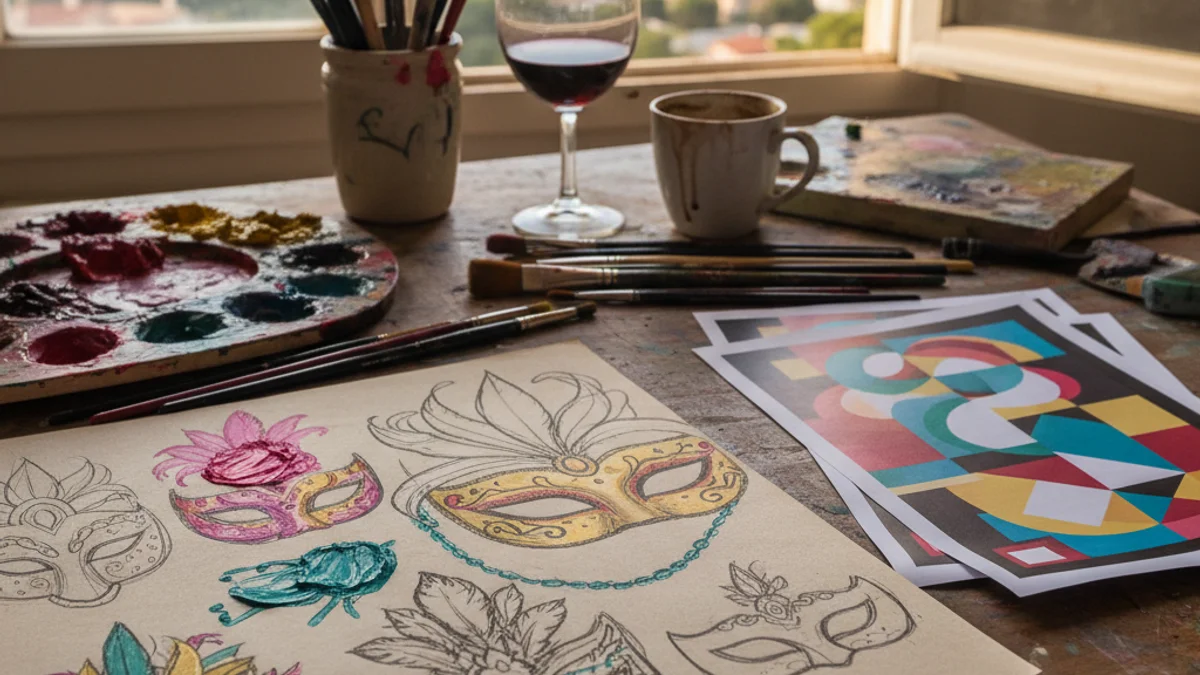 Imatge genèrica d'un estudi d'art amb pinzells i esbossos de motius festius.