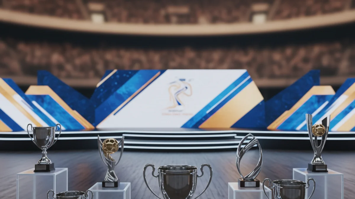 Imatge genèrica d'una gala d'esports amb trofeus il·luminats sobre un escenari i figures borroses del públic.