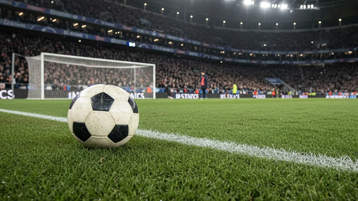 Generic image of a football on the grass of a lit stadium.