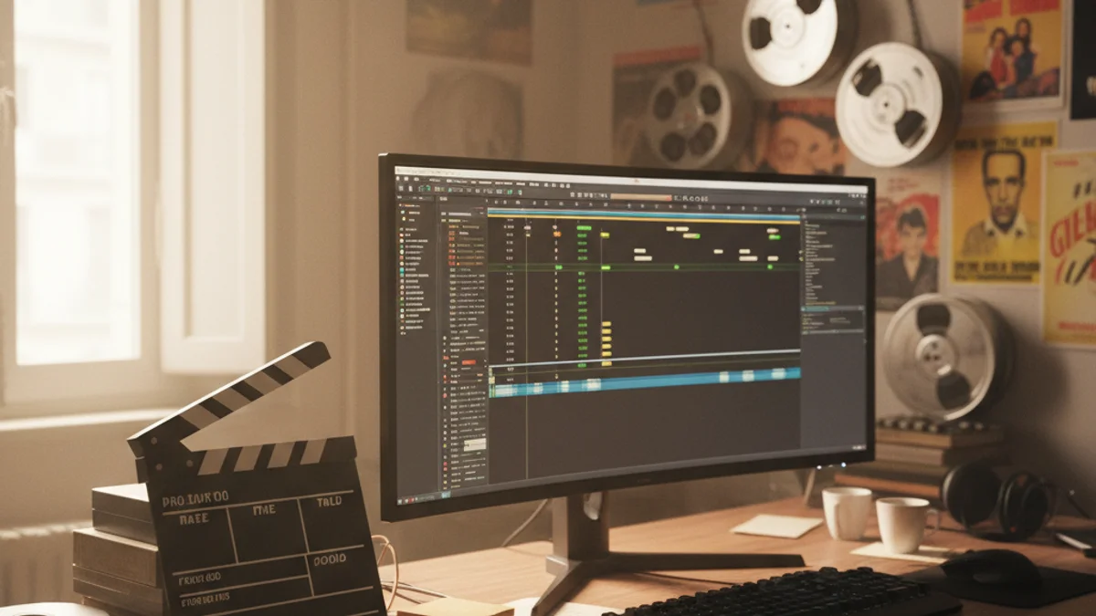 Imagen genérica de un estudio de edición audiovisual con un guion sobre la mesa.