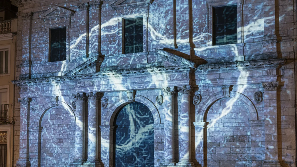 Instal·lació lumínica abstracta amb projeccions blaves i blanques sobre una façana antiga de nit.