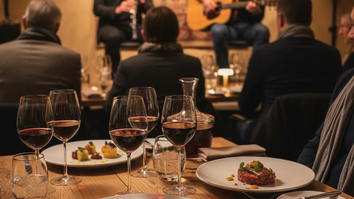 Imagen genérica de una cena-concierto íntima con música de jazz en directo y gastronomía de proximidad.
