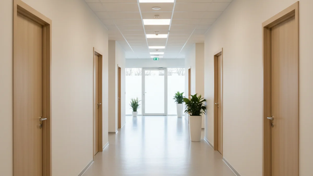 Interior d'un centre mèdic modern amb consultes i equipament sanitari nou.