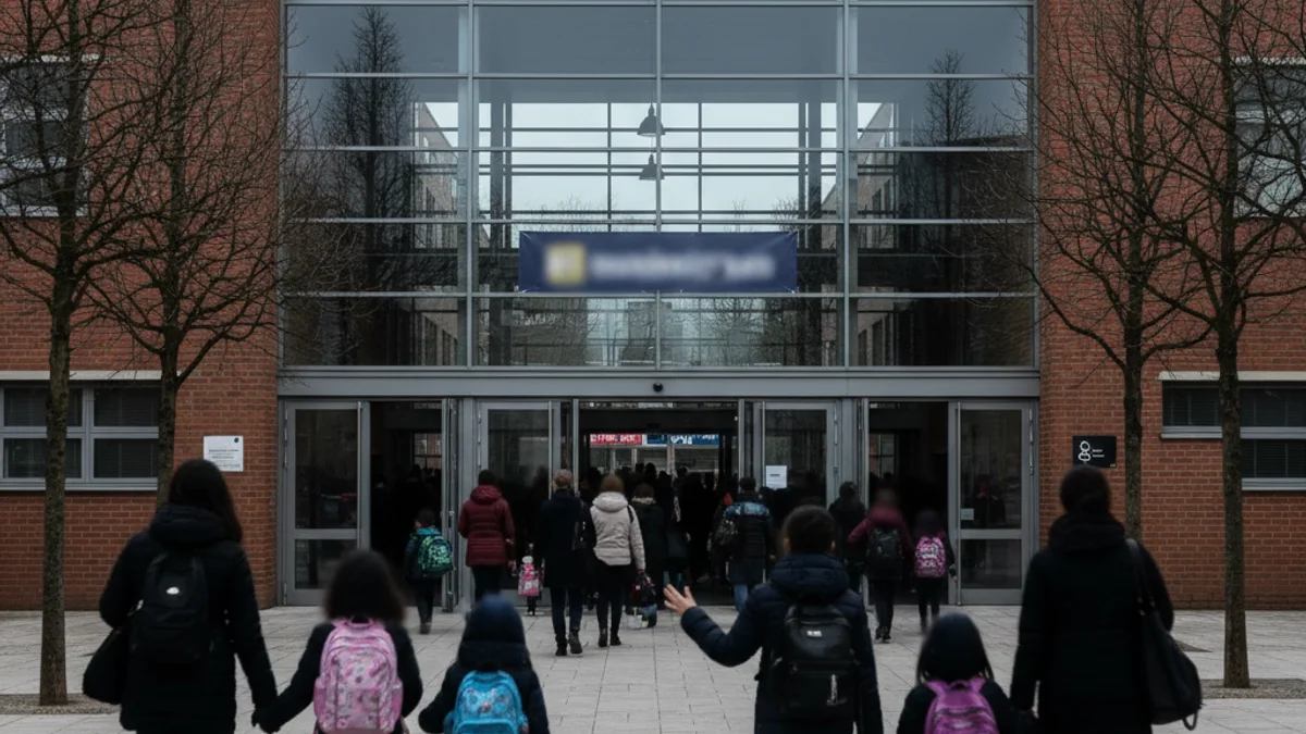 Imatge genèrica de l'entrada d'una escola o institut amb figures borroses de pares i alumnes.