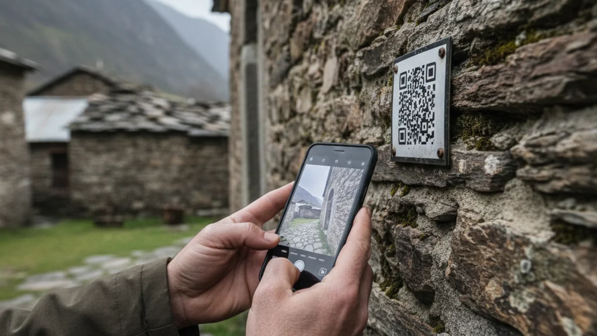 Imatge genèrica d'un visitant utilitzant un codi QR o unes ulleres de realitat virtual en un entorn rural.