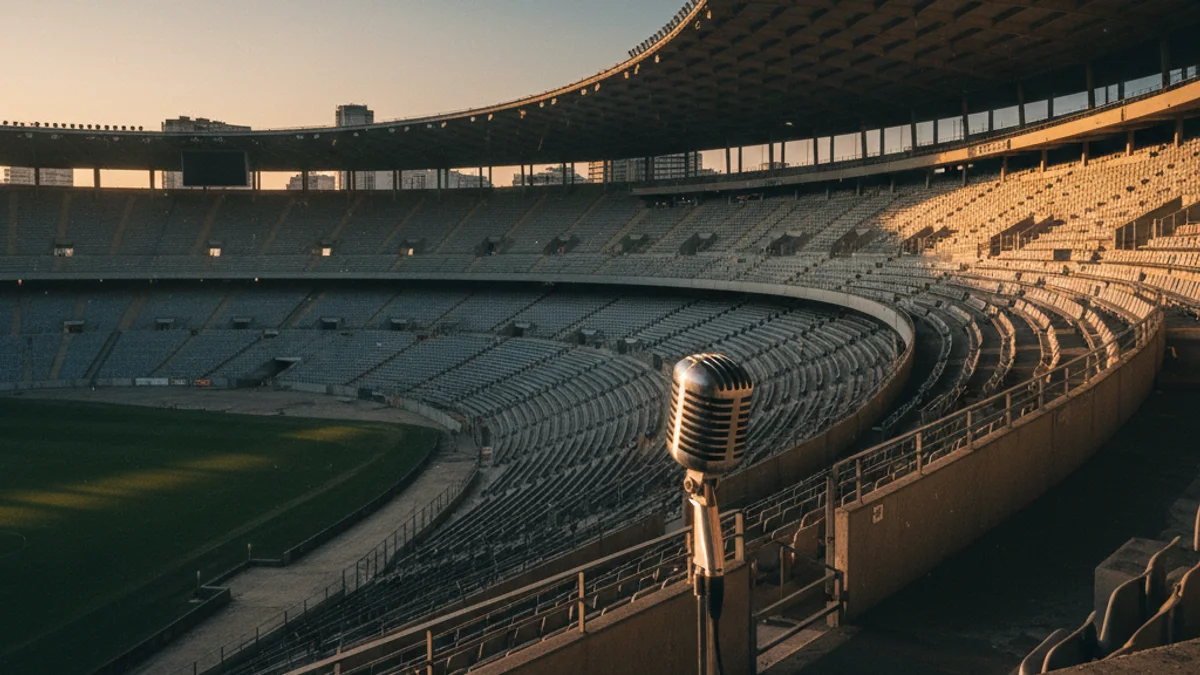 Generic image of an empty football stadium with a press microphone in the foreground.