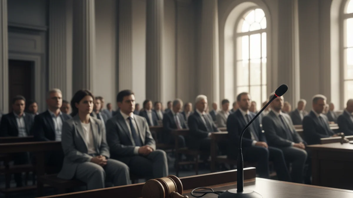Generic image of a courtroom in a courthouse.