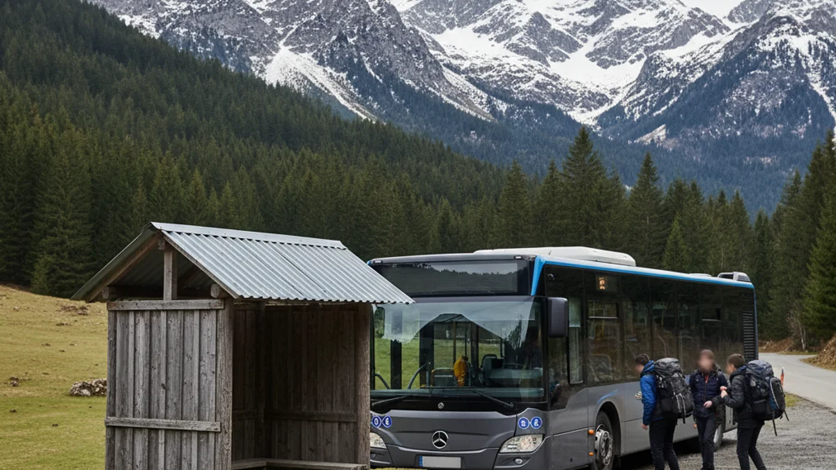 Imatge genèrica d'un autobús modern aturat en una parada rural de muntanya amb estudiants esperant.