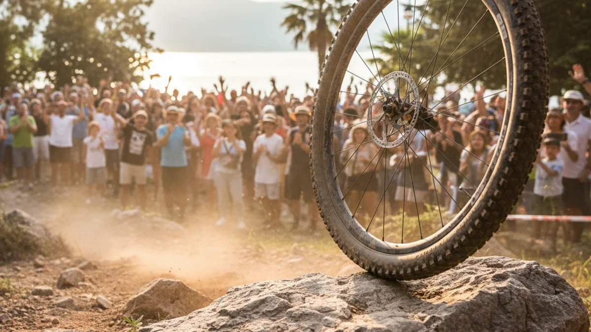 Imatge genèrica d'una competició de ciclisme de muntanya en un circuit tècnic sota el sol.