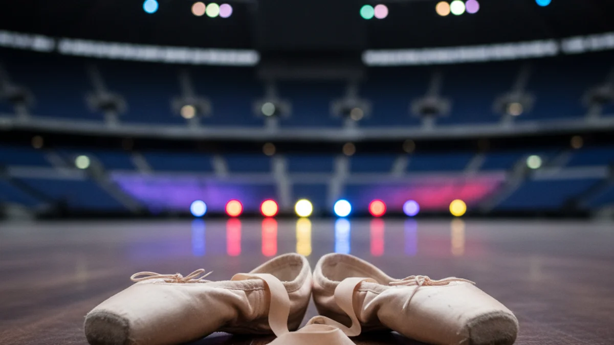 Detall d'unes sabates de ball sobre un escenari amb llums de colors al fons.