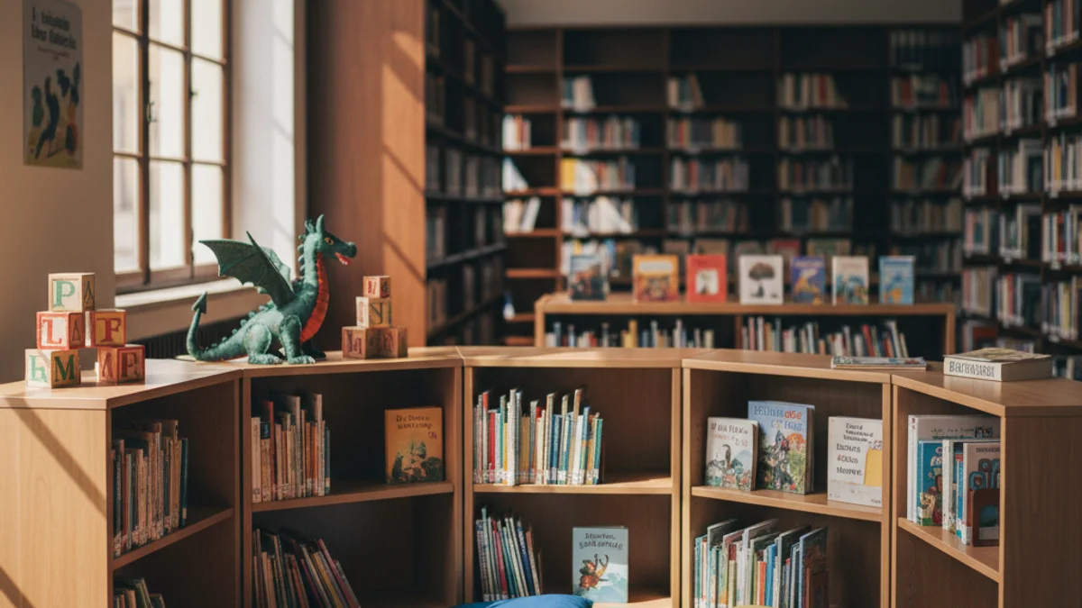 Imatge genèrica de l'interior d'una biblioteca moderna amb una zona de lectura infantil.