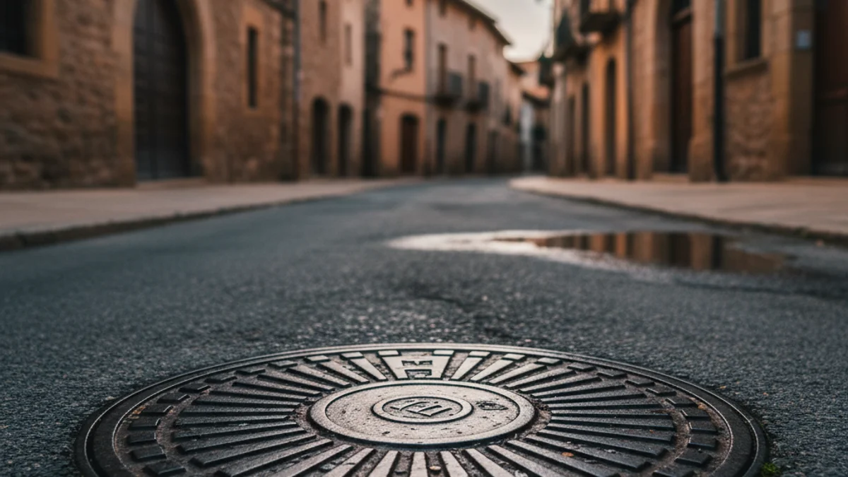Imatge genèrica d'una tapa de clavegueram en un carrer urbà per representar el pla de sanejament.