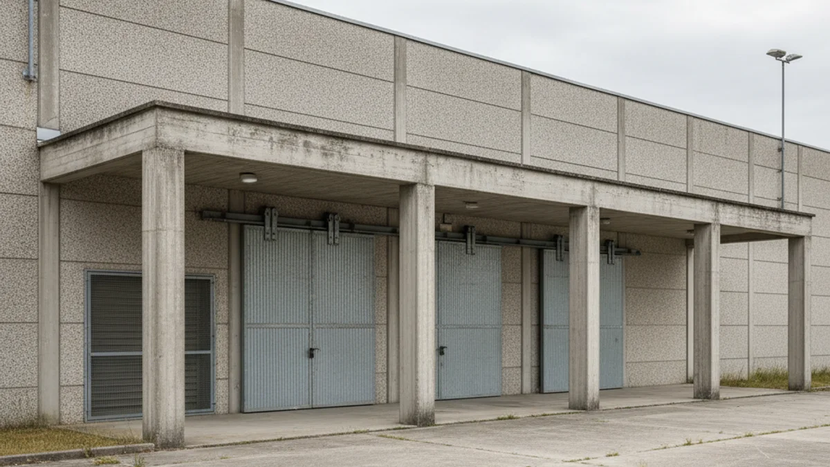 Vista exterior d'un pavelló esportiu municipal amb porxo d'entrada.