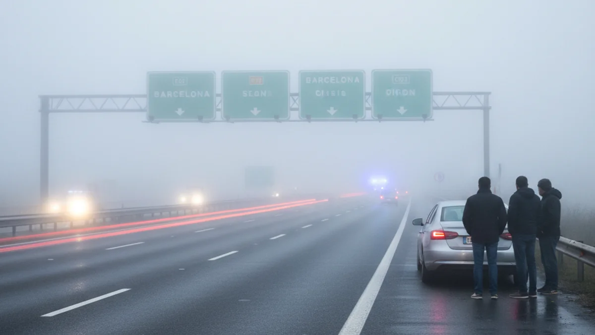 Imatge genèrica d'una carretera catalana coberta per una boira molt densa que dificulta la visibilitat.