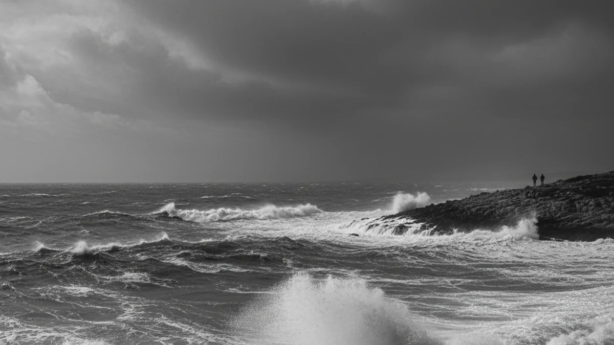 Imatge genèrica d'una costa catalana amb onatge moderat i un cel cobert de núvols grisos, indicant mal temps.