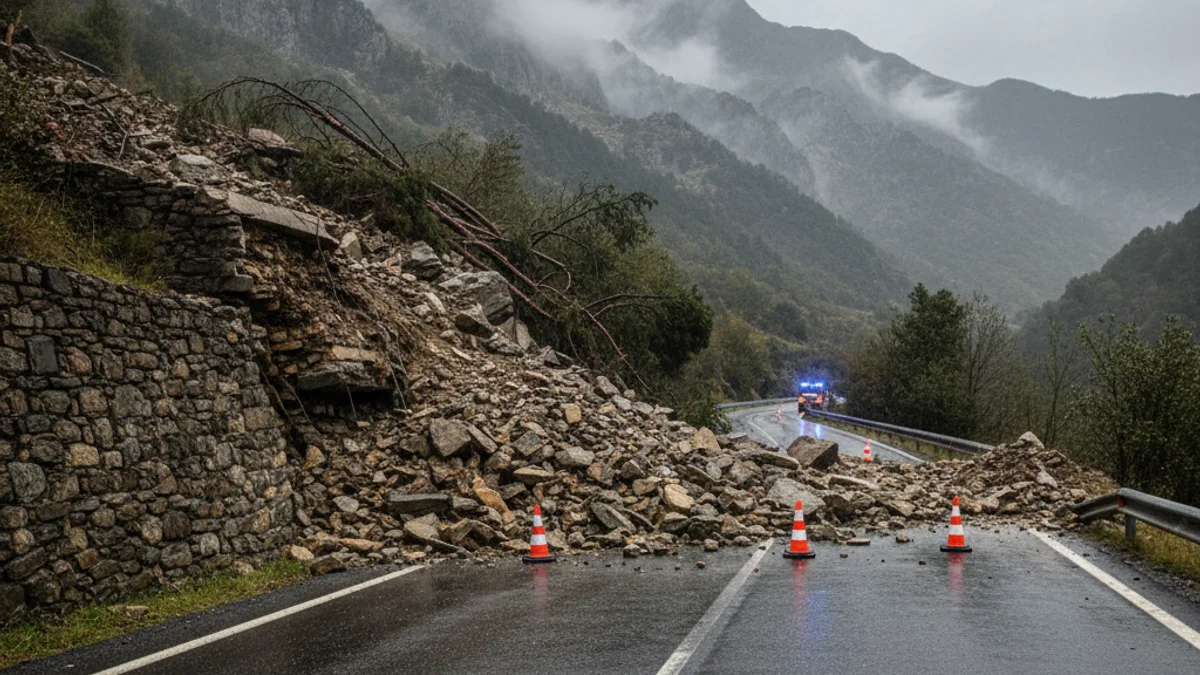 Generic image of a landslide on a mountain road with traffic cones.