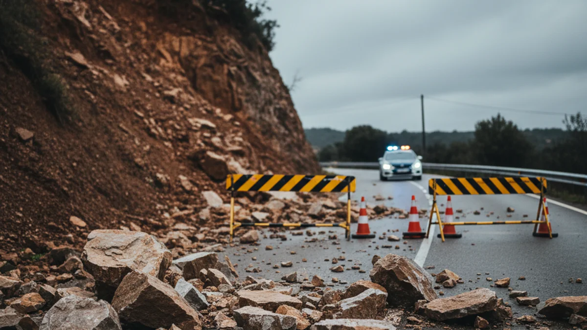 Imatge genèrica d'una carretera tallada per una esllavissada de pedres i terra.