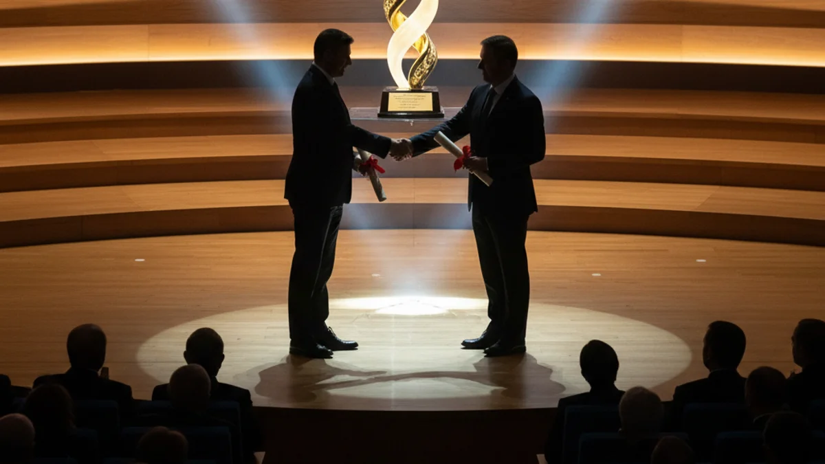 Imatge genèrica d'una cerimònia de premis amb un podi i figures borroses recollint un guardó.