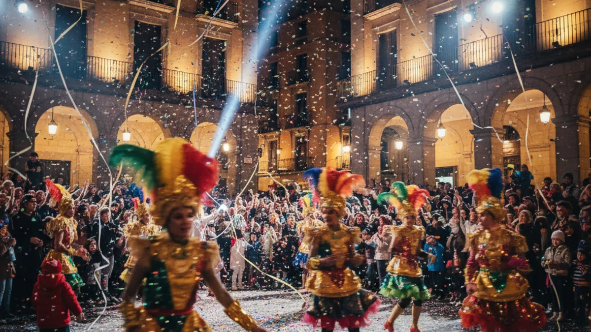 Imatge genèrica d'una celebració festiva de carrer amb llums i confeti durant la nit.