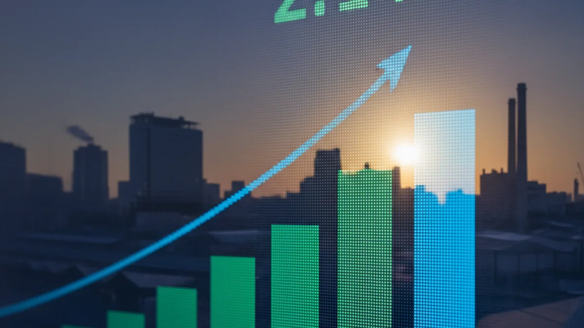Imagen genérica de un gráfico de crecimiento económico sobre un fondo industrial y de servicios.