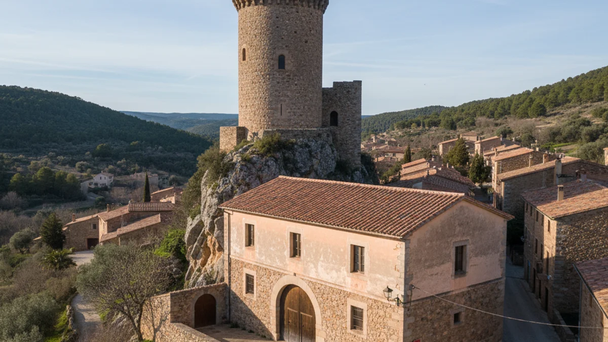 Vista exterior d'un edifici històric de pedra en un entorn rural de Catalunya.