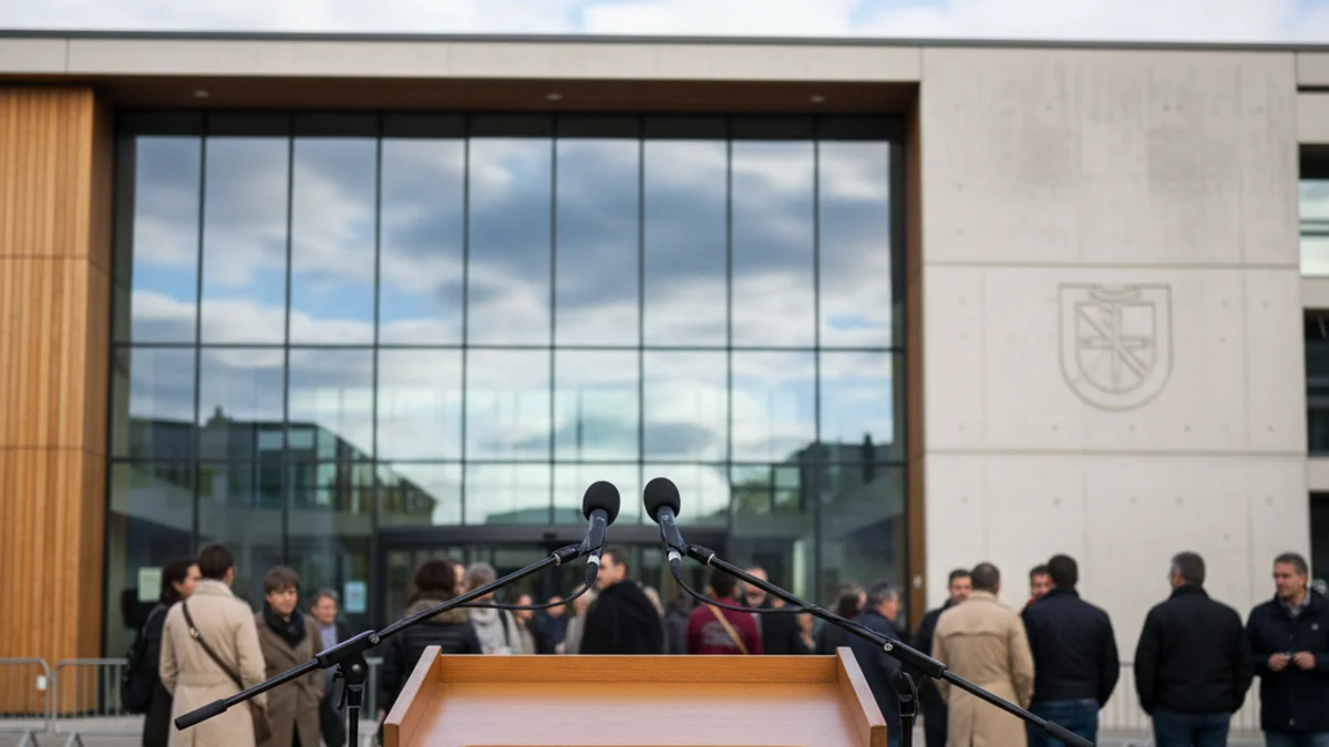 Imatge genèrica d'uns micròfons en un podi davant d'un centre educatiu.