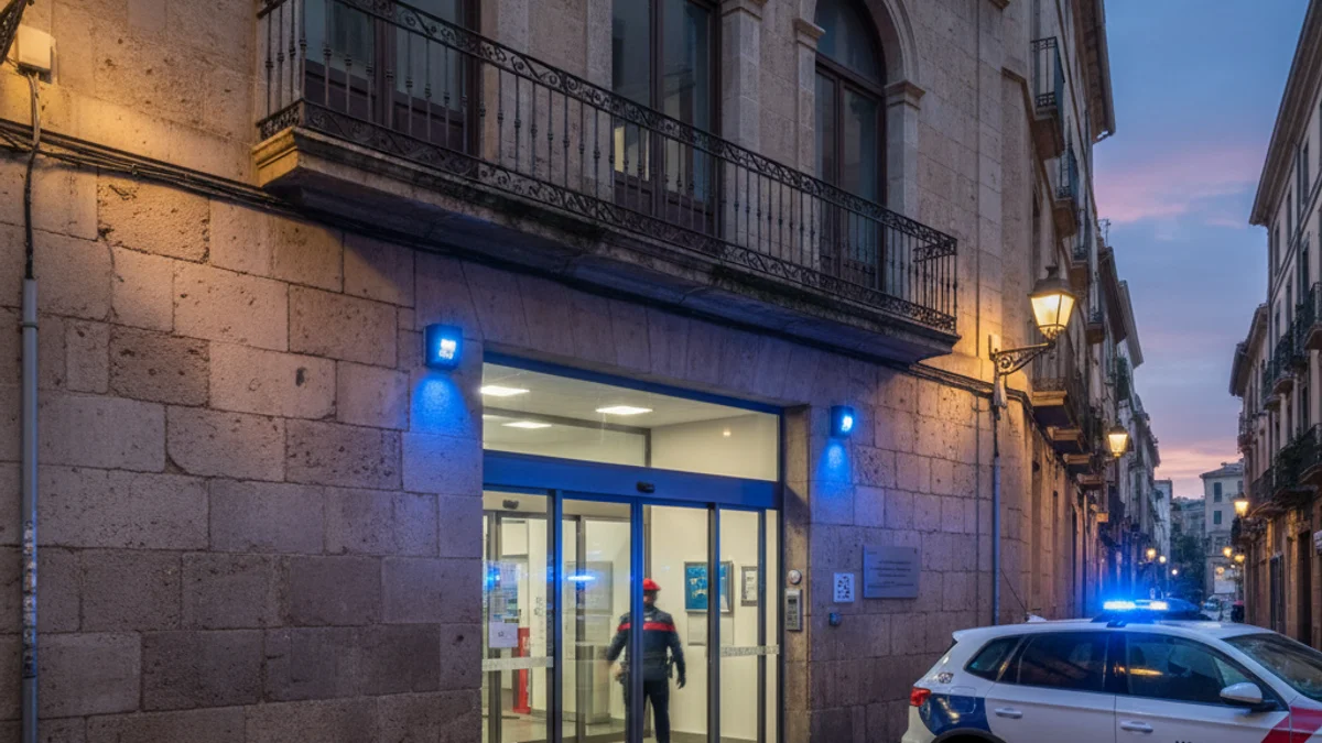 Imatge genèrica de l'exterior d'una comissaria de policia amb llums d'emergència blaus.