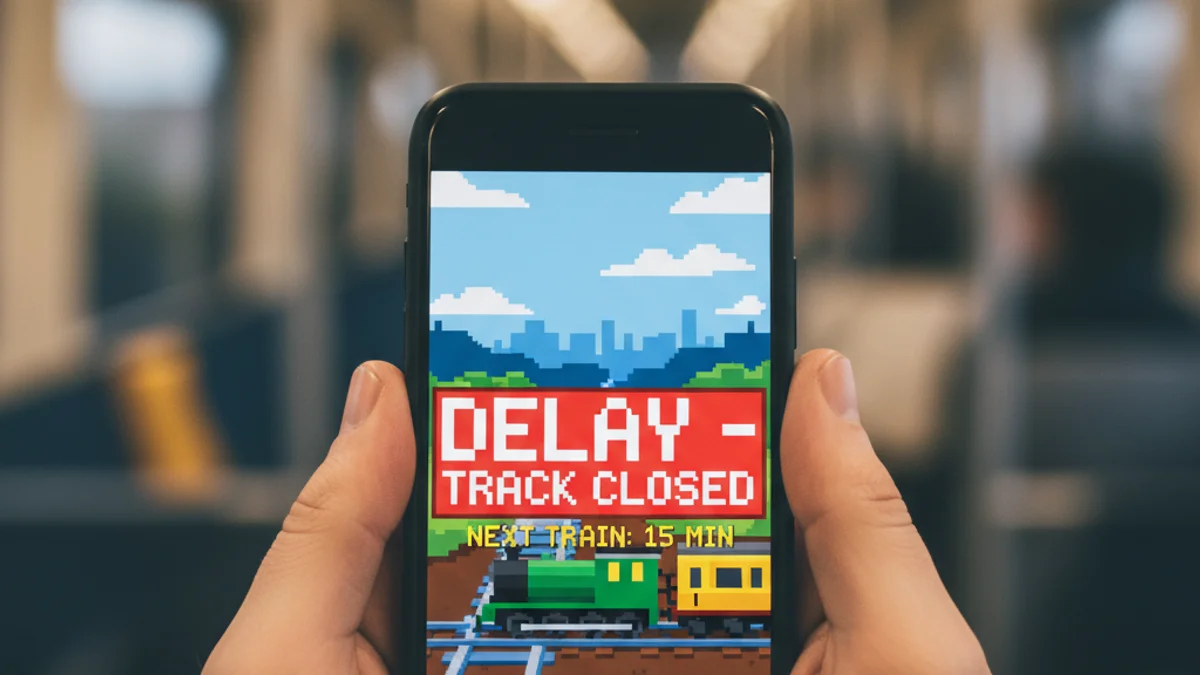 Imatge d'un telèfon mòbil mostrant un videojoc paròdic de trens amb un missatge d'error o retard.