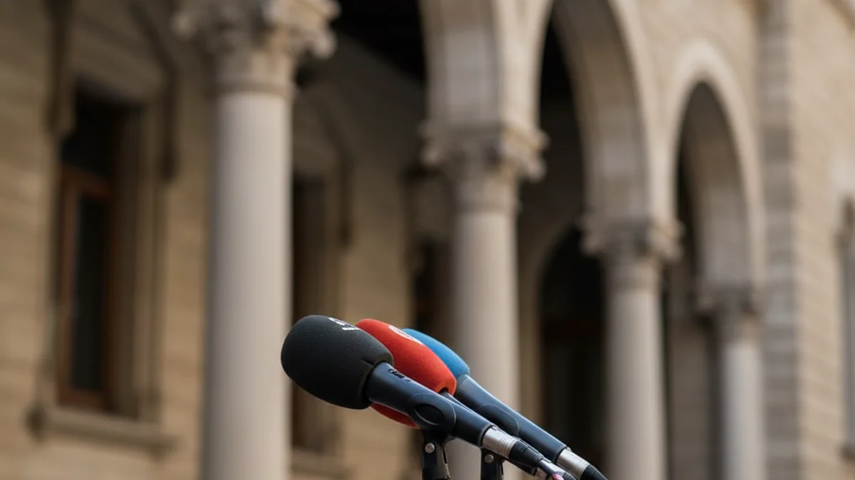 Generic image of microphones on a podium during a political press conference.