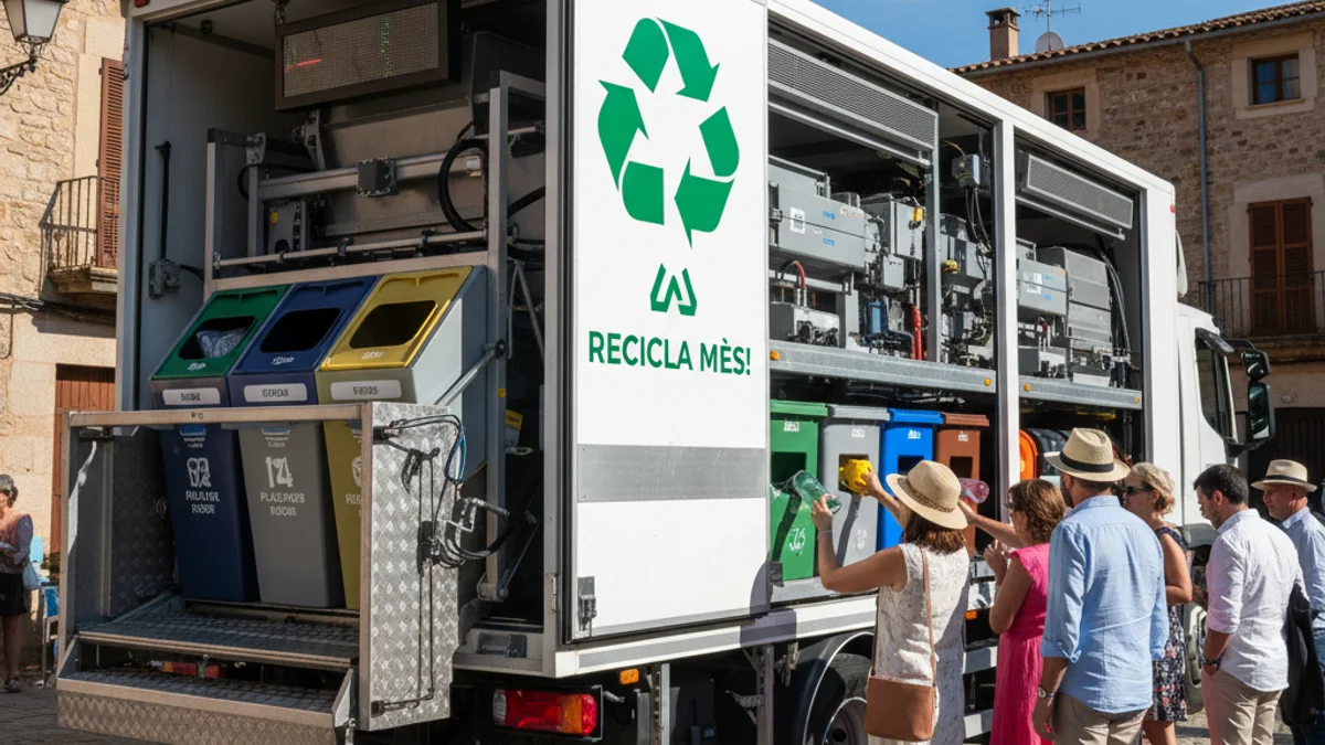 Generic image of a mobile recycling center truck parked in a town for waste collection.