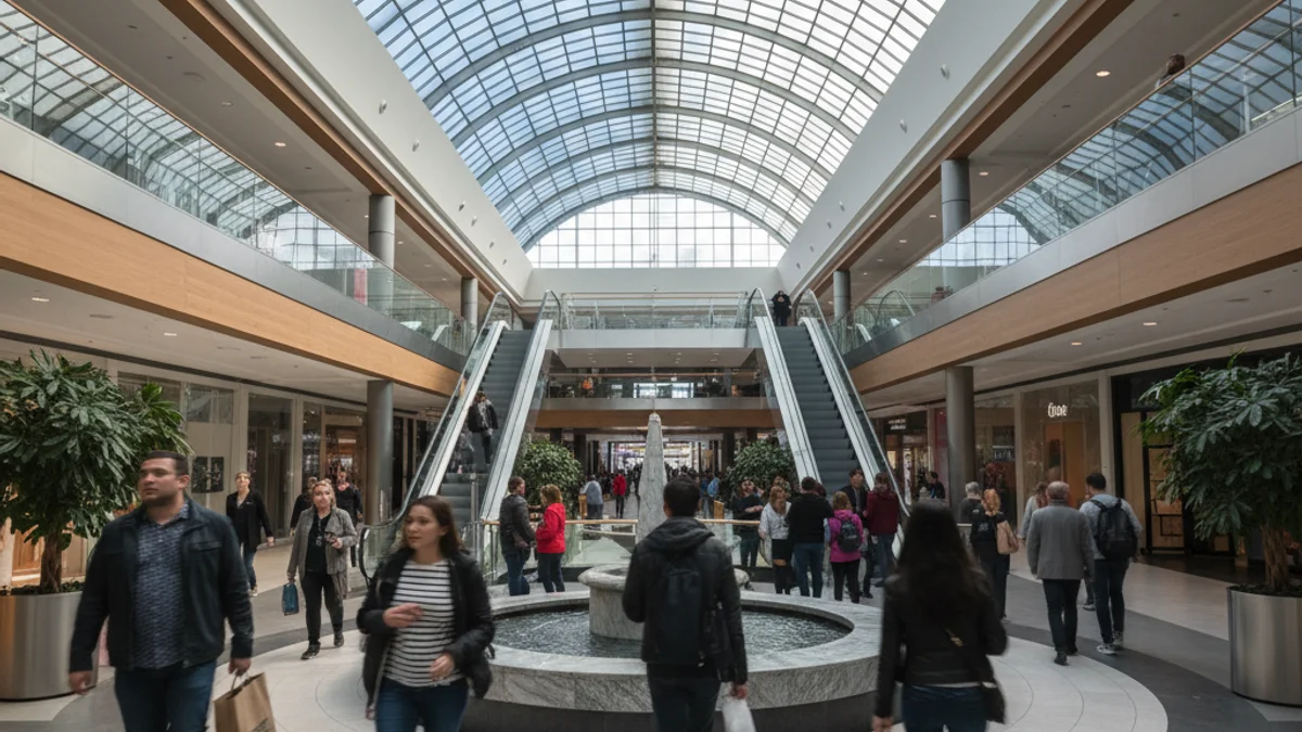 Interior d'un centre comercial modern amb gent passejant i zones de descans.