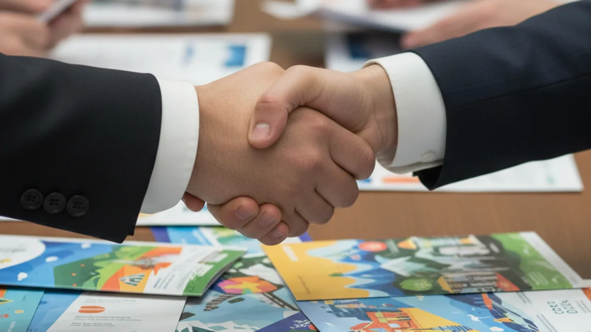 Imatge genèrica d'una fira de turisme, amb professionals intercanviant targetes o fulletons.