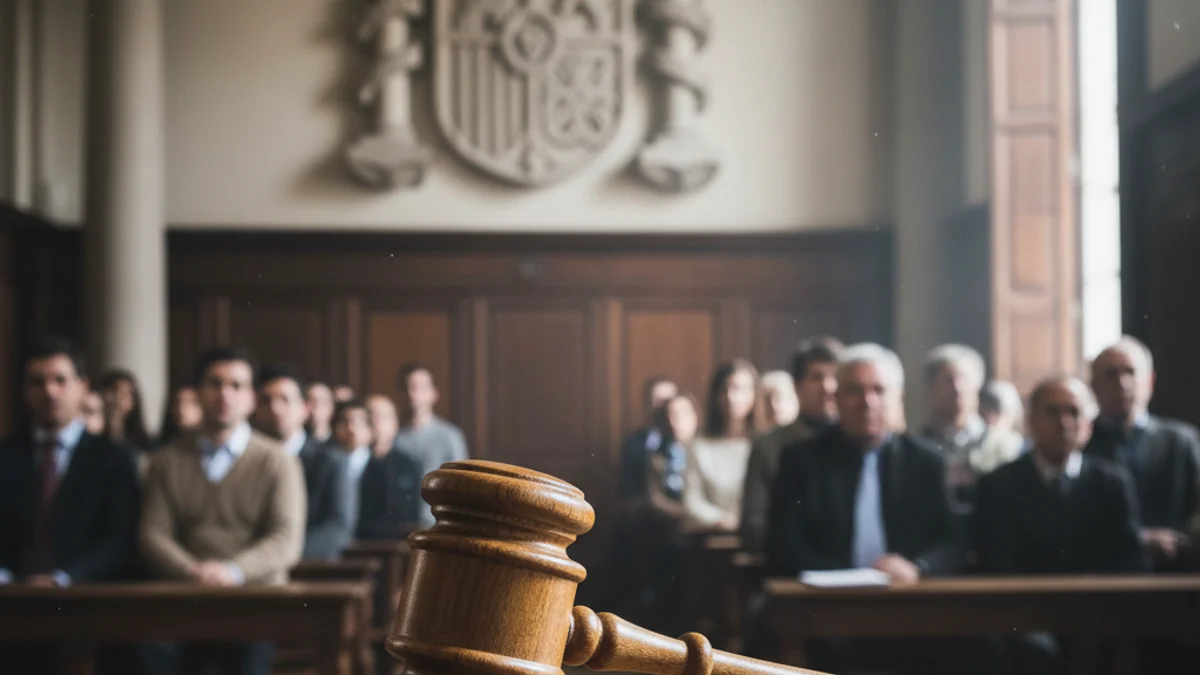 Imatge genèrica d'un mall de fusta en una sala de vistes judicial.