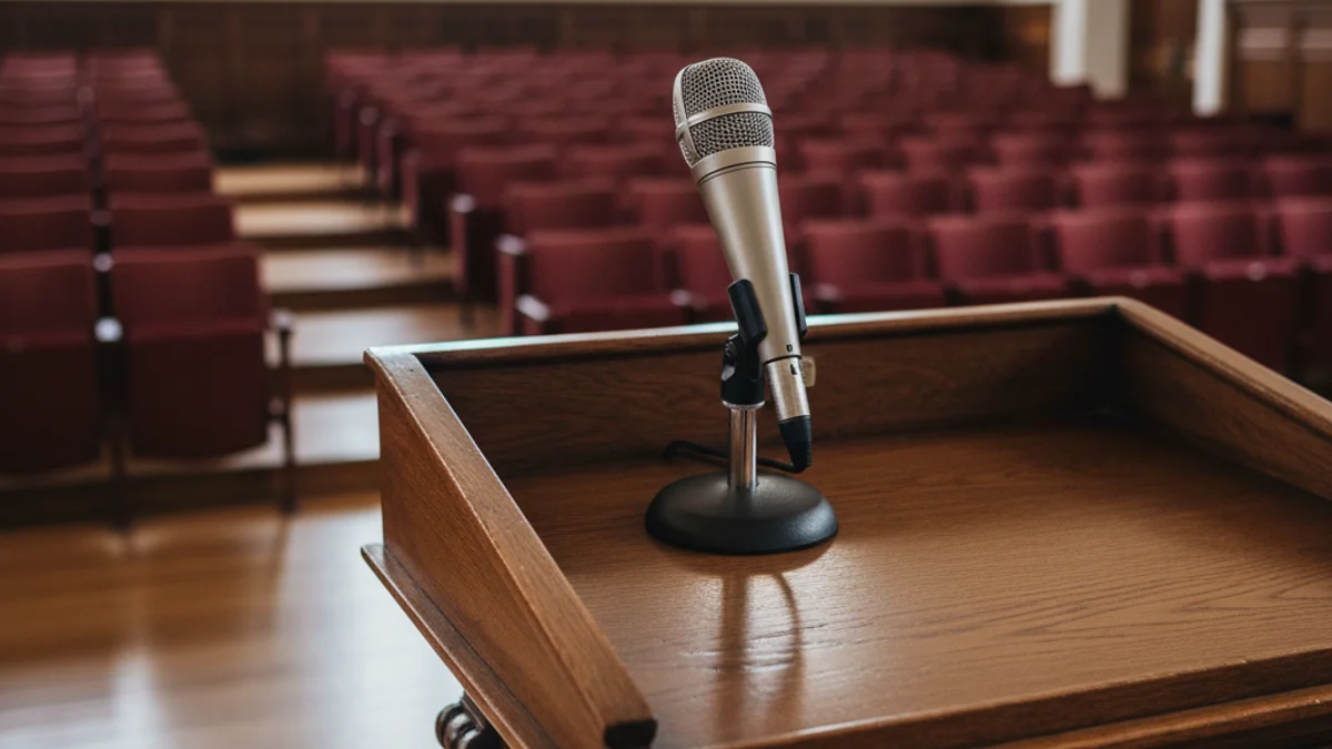 Un micròfon sobre un faristol en una sala d'actes acadèmica.