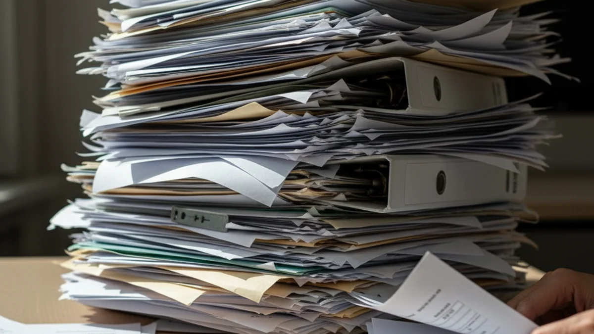 Representació genèrica d'un document oficial o una pila de sol·licituds en una taula d'oficina, simbolitzant la burocràcia.