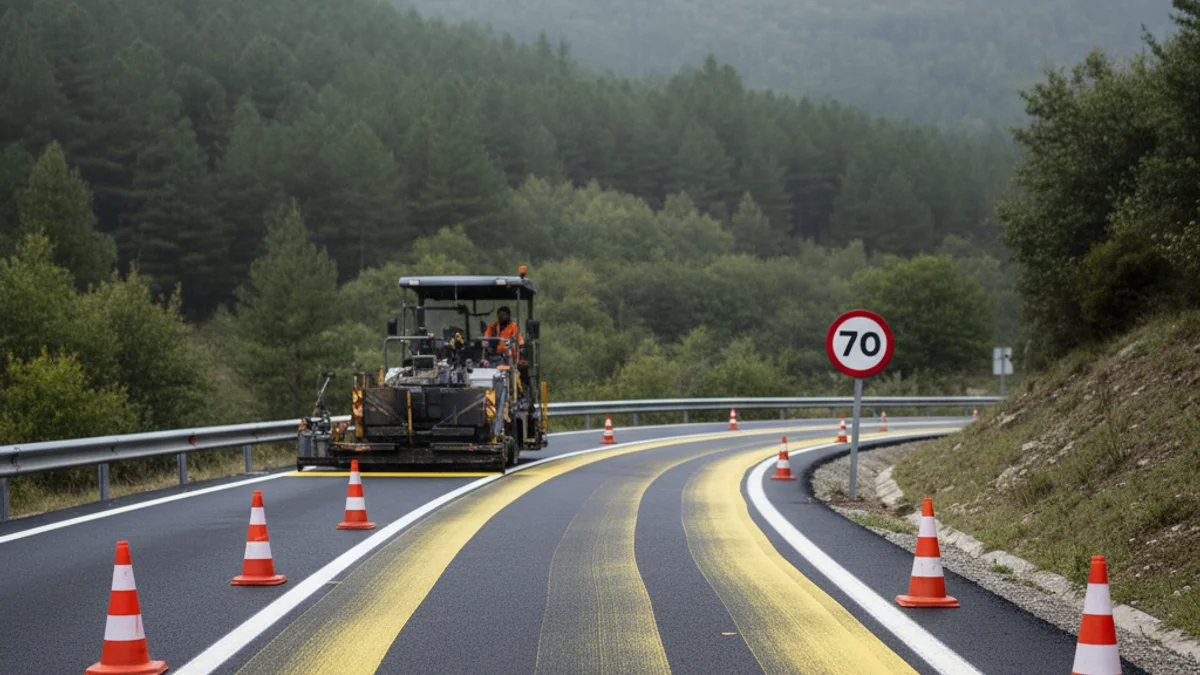 Generic image of road marking works on a mountain highway.