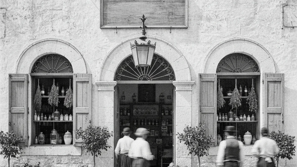 Imatge d'arxiu d'un carrer històric amb edificis antics i comerços tradicionals.