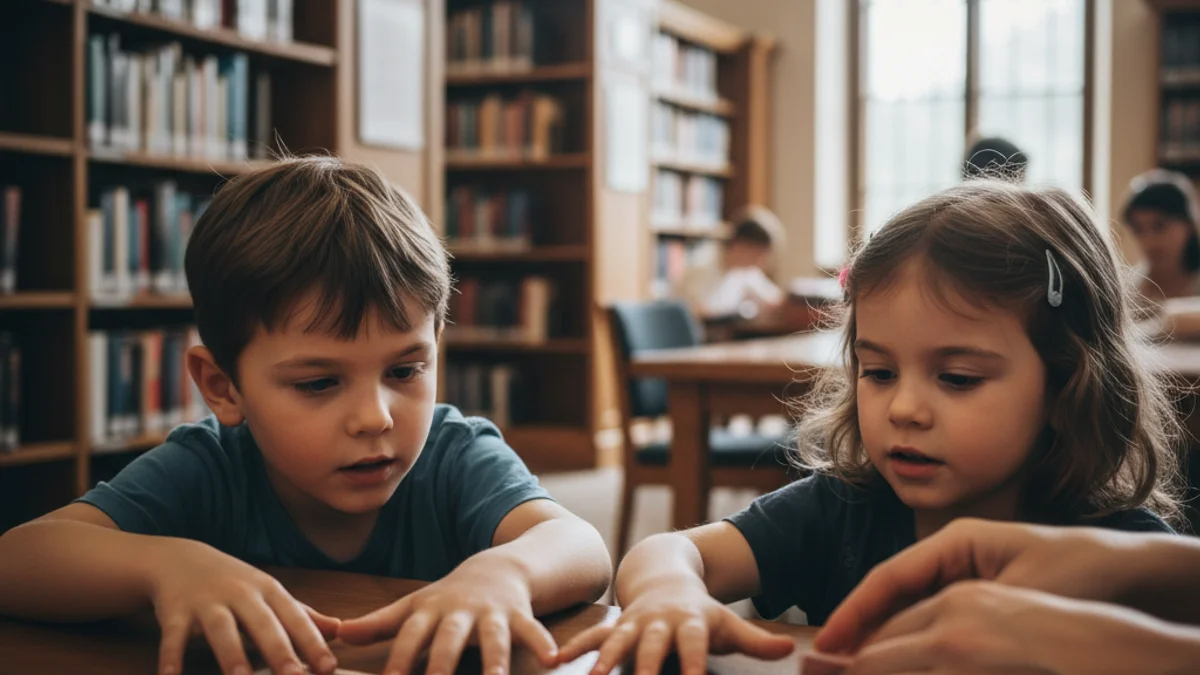 Mans d'infants aprenent un truc de màgia amb cartes en una taula dins d'una biblioteca pública.