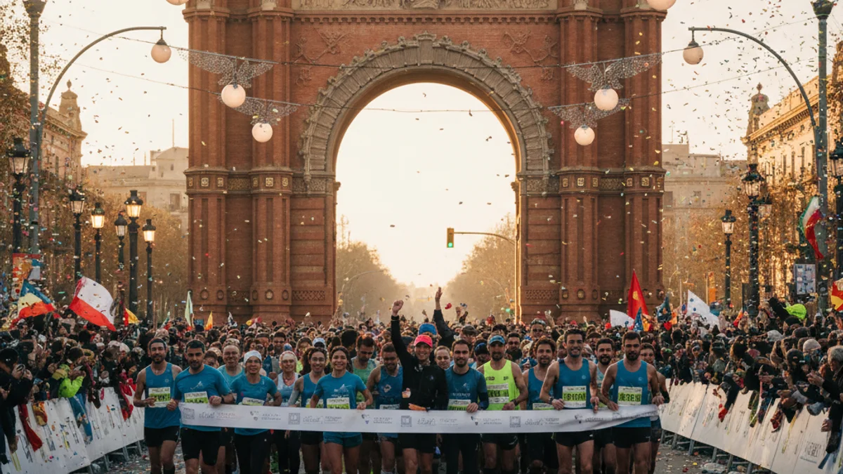 Imatge genèrica de corredors arribant a la meta de l'Arc de Triomf durant una marató.