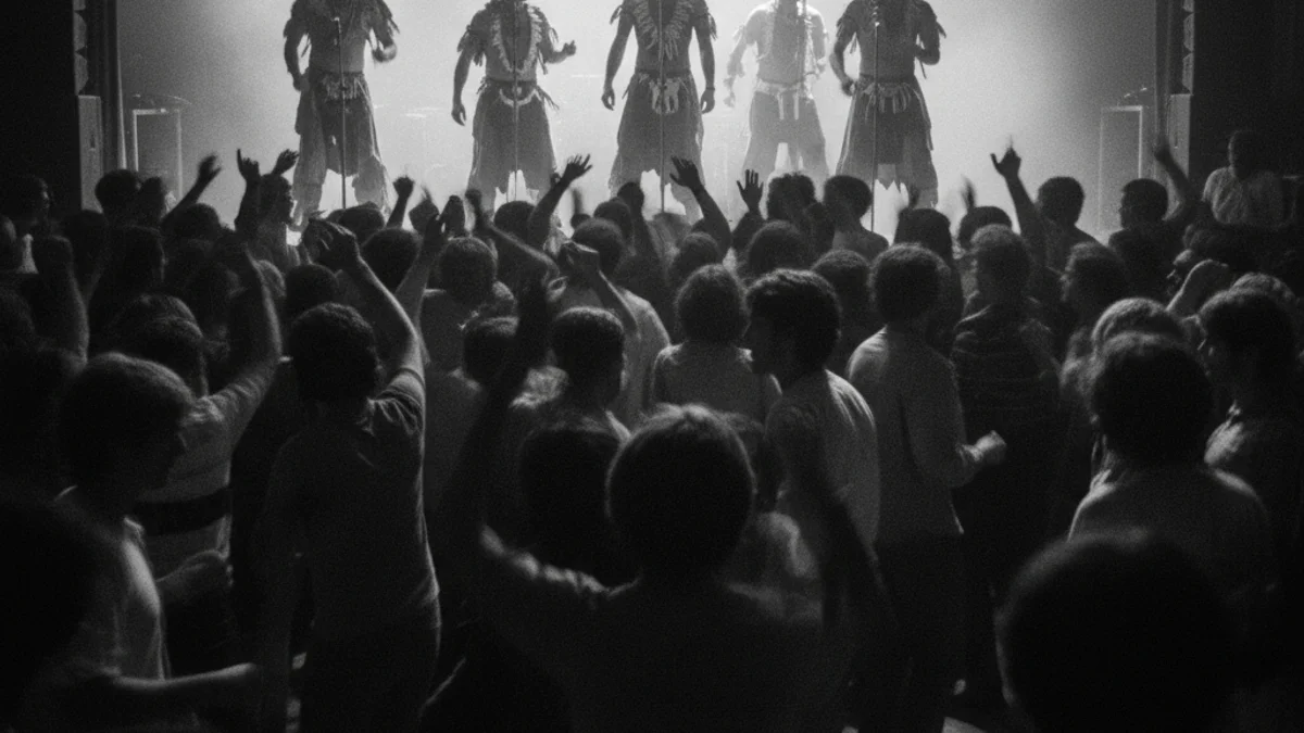Escena d'un concert de pop-funk dels anys vuitanta en un local ple, amb figures vestides amb roba tribal.