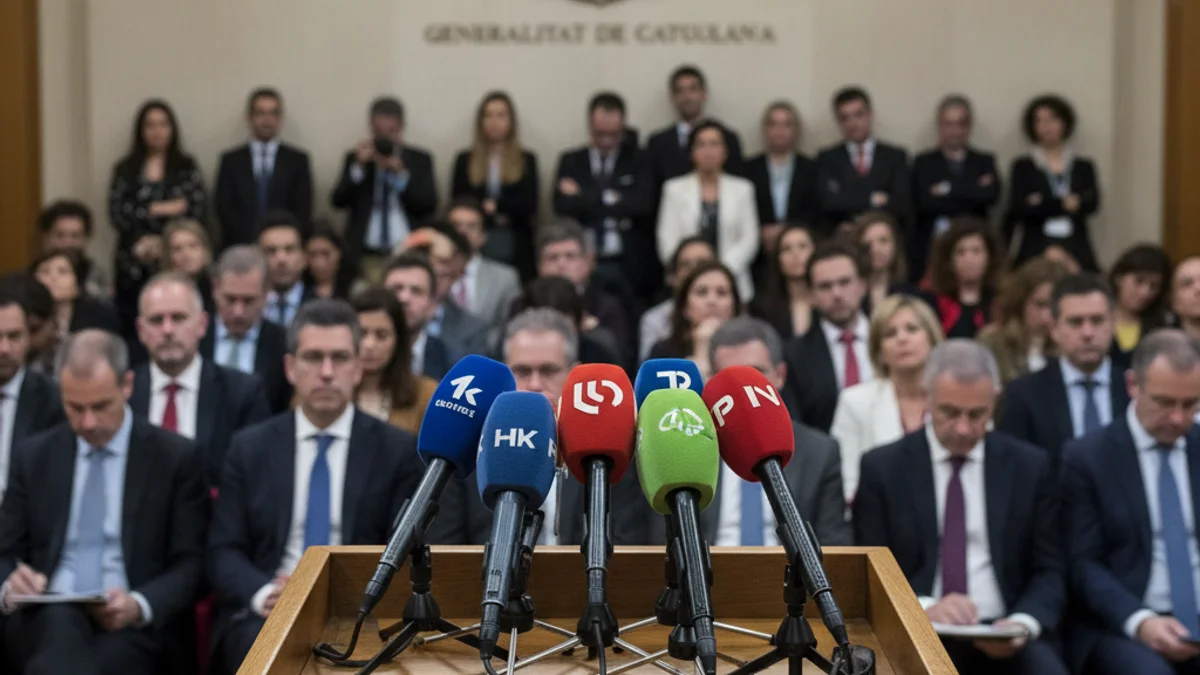 Generic image of microphones in an institutional press room.