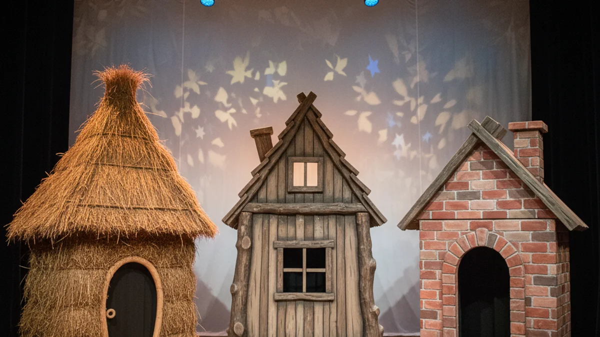 Escenografia visual i dinàmica d'una obra de teatre infantil, amb elements que representen les tres cases dels porquets.