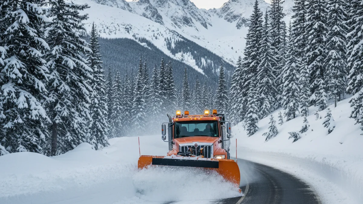 Una màquina llevaneus treballant en una carretera de muntanya nevada.