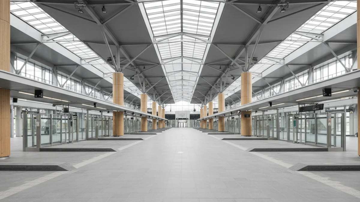 Imatge genèrica d'una estació d'autobusos moderna amb andanes buides i sostre arquitectònic.
